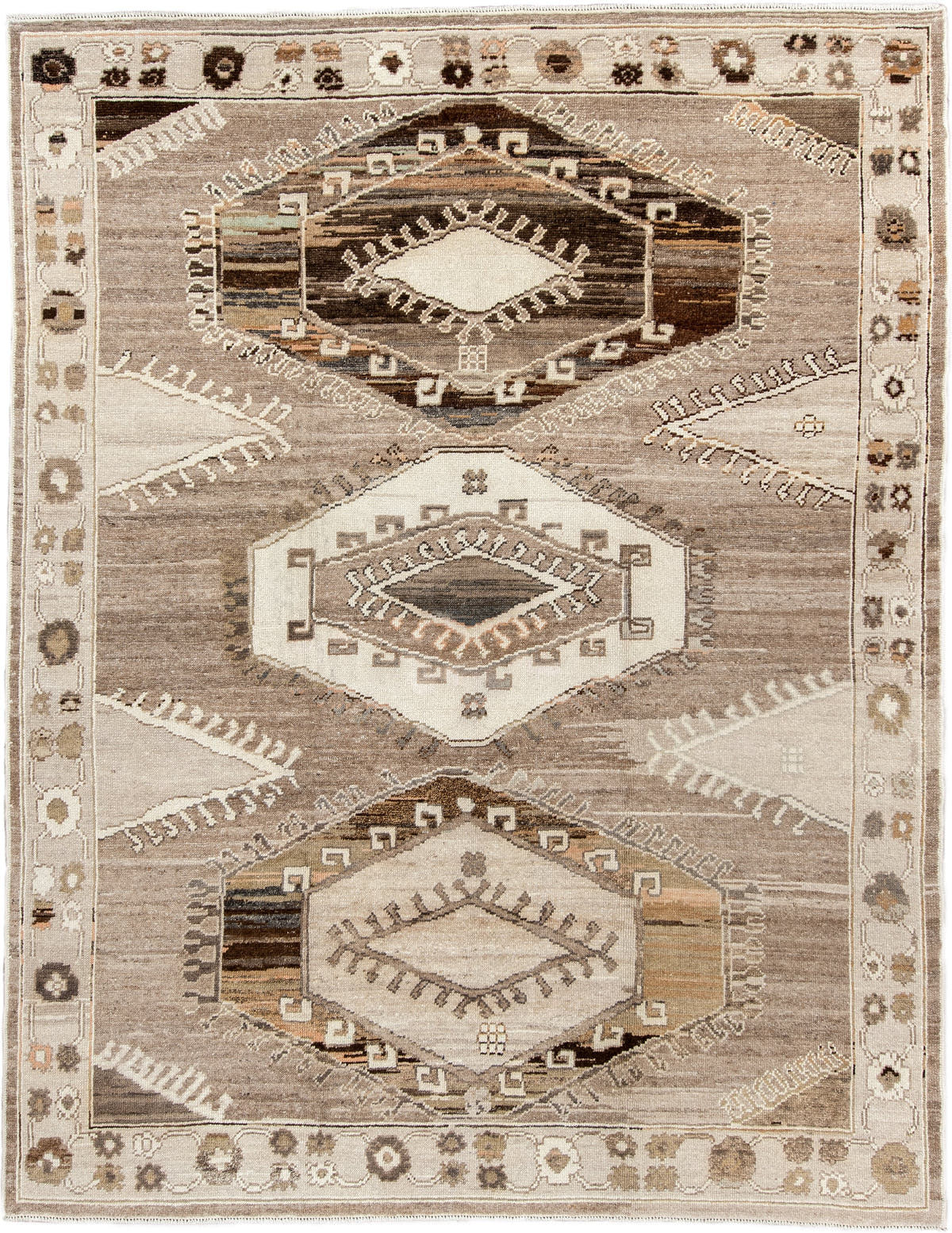 7' x 10' one-of-a-kind handmade vintage Kars large size rug. Color palette: taupe, ivory, brown, charcoal, camel, beige
