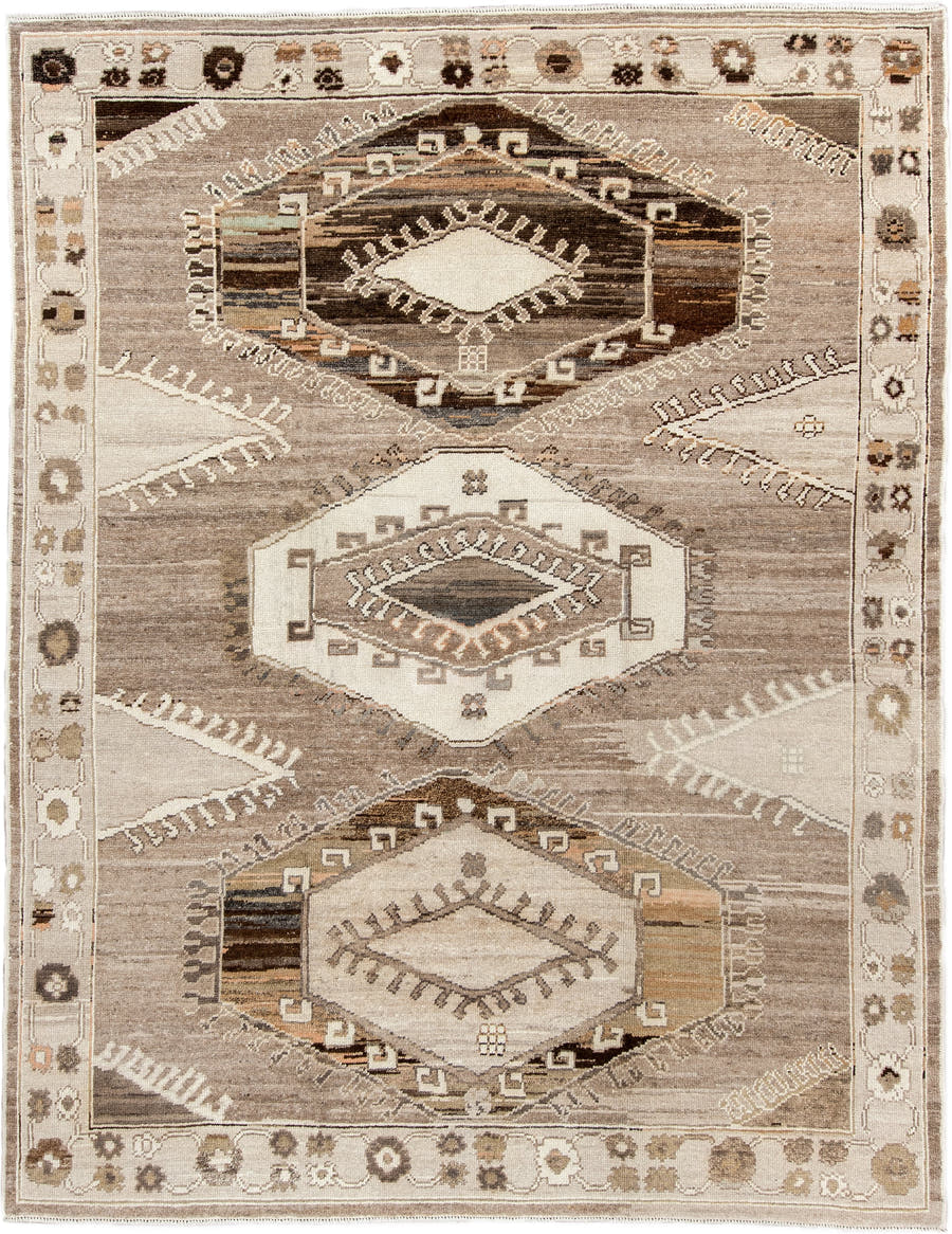7' x 10' one-of-a-kind handmade vintage Kars large size rug. Color palette: taupe, ivory, brown, charcoal, camel, beige