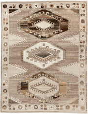 7' x 10' one-of-a-kind handmade vintage Kars large size rug. Color palette: taupe, ivory, brown, charcoal, camel, beige
