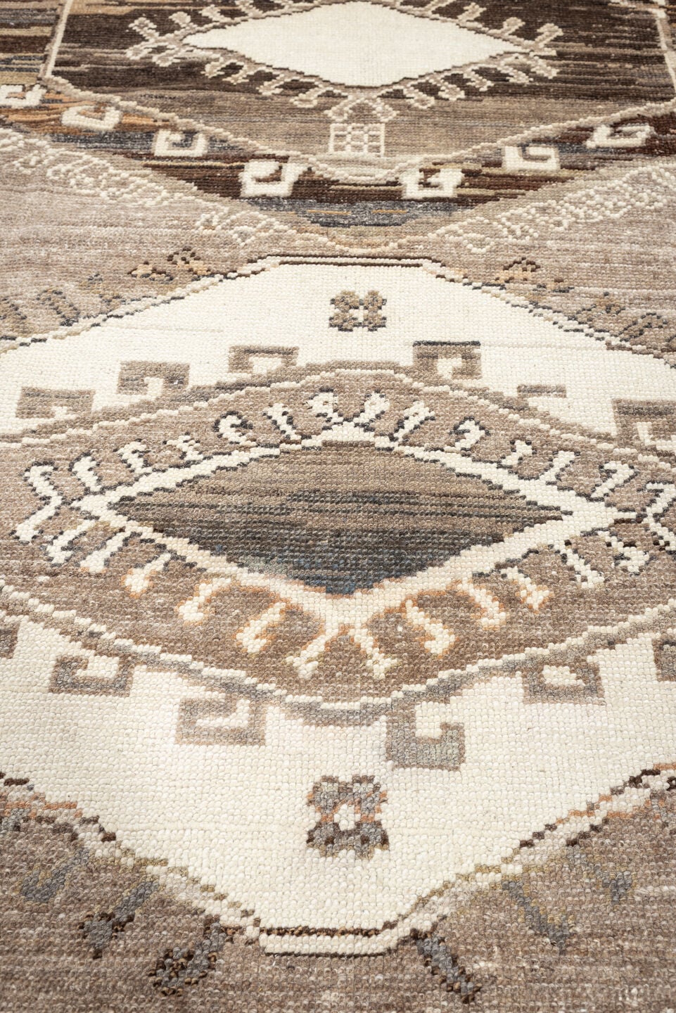 7' x 10' one-of-a-kind handmade vintage Kars large size rug. Color palette: taupe, ivory, brown, charcoal, camel, beige