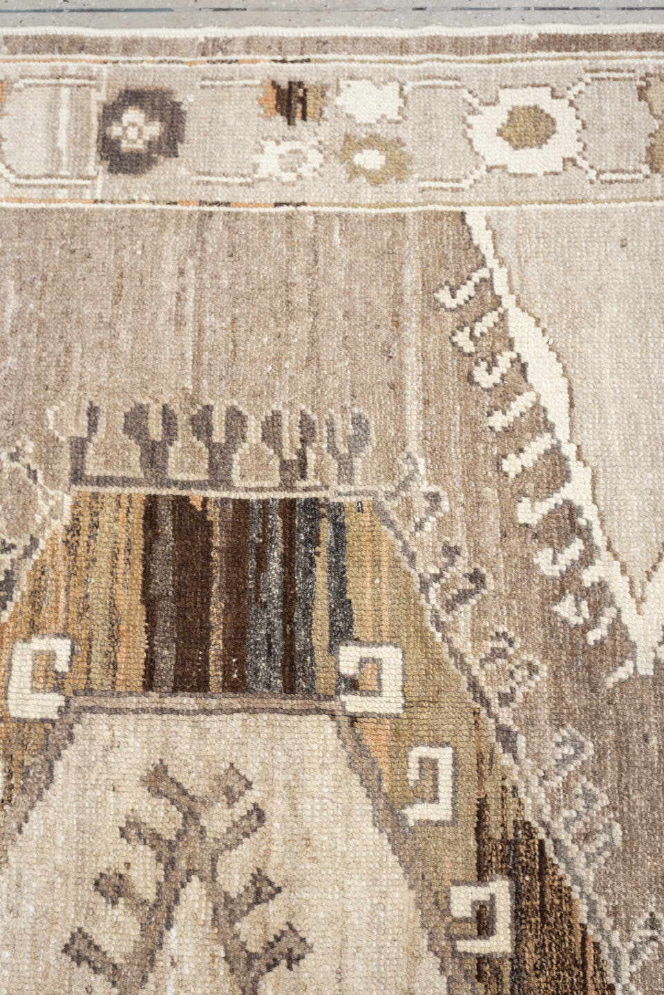 7' x 10' one-of-a-kind handmade vintage Kars large size rug. Color palette: taupe, ivory, brown, charcoal, camel, beige