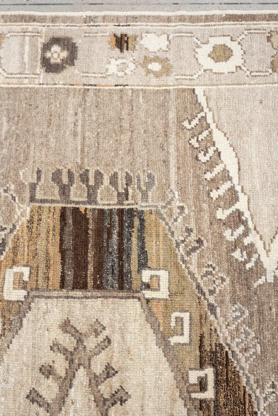 7' x 10' one-of-a-kind handmade vintage Kars large size rug. Color palette: taupe, ivory, brown, charcoal, camel, beige