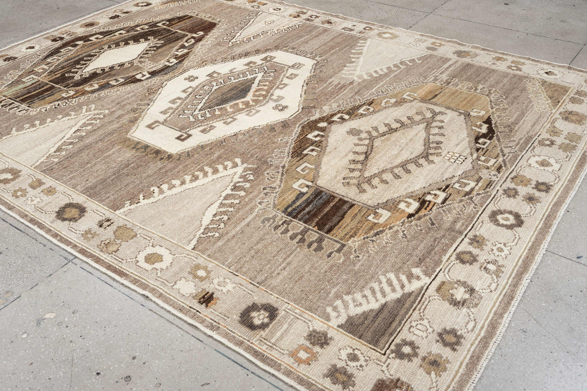 7' x 10' one-of-a-kind handmade vintage Kars large size rug. Color palette: taupe, ivory, brown, charcoal, camel, beige