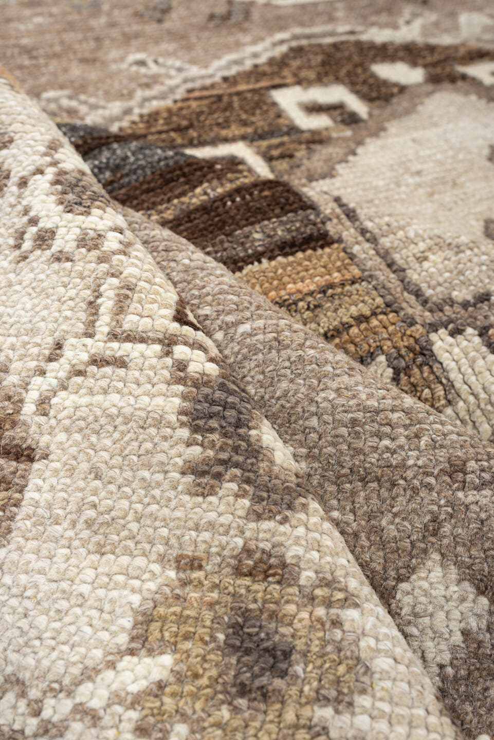 7' x 10' one-of-a-kind handmade vintage Kars large size rug. Color palette: taupe, ivory, brown, charcoal, camel, beige