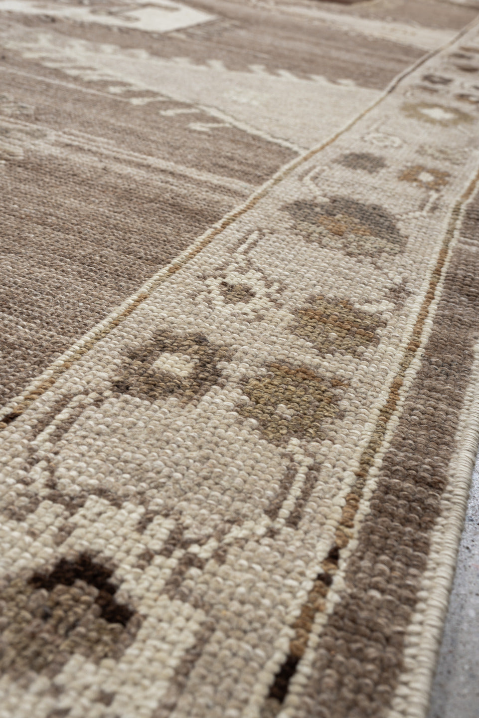 7' x 10' one-of-a-kind handmade vintage Kars large size rug. Color palette: taupe, ivory, brown, charcoal, camel, beige
