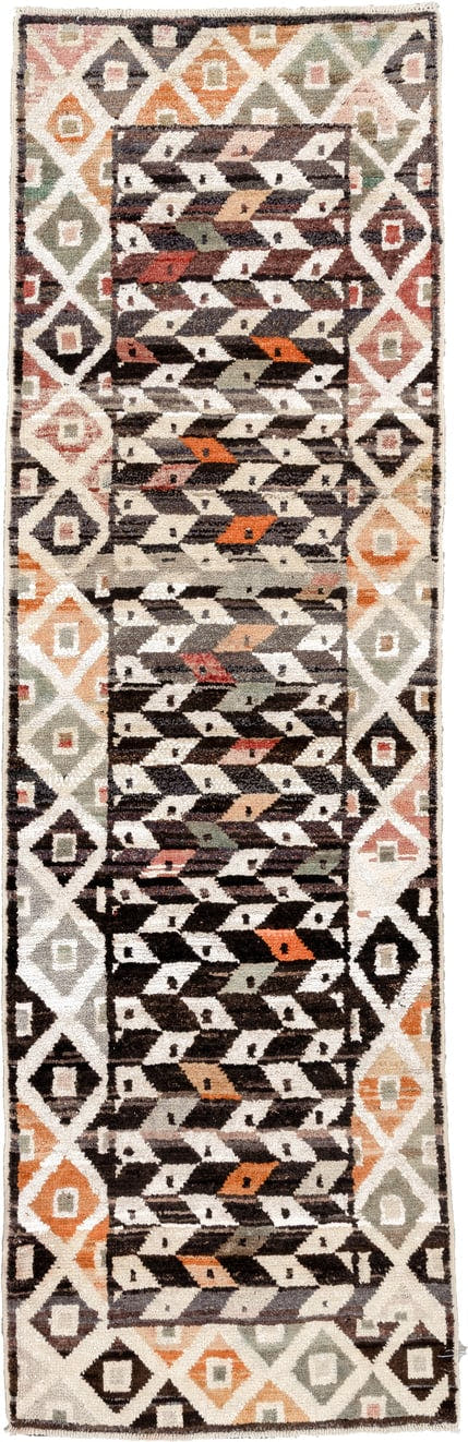3' x 9' one-of-a-kind handmade vintage Kars runner rug. Color palette: dark brown, ivory, sage, rust, coral, taupe, charcoal