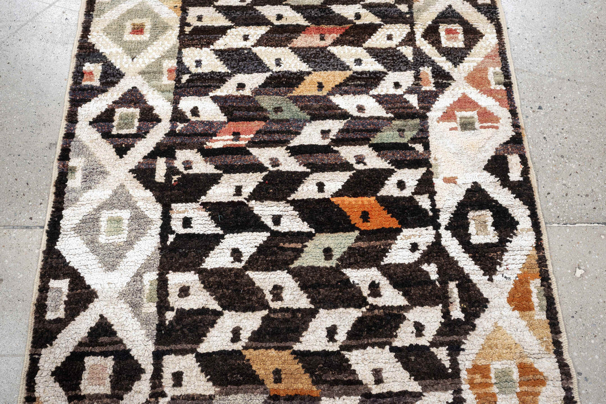 3' x 9' one-of-a-kind handmade vintage Kars runner rug. Color palette: dark brown, ivory, sage, rust, coral, taupe, charcoal