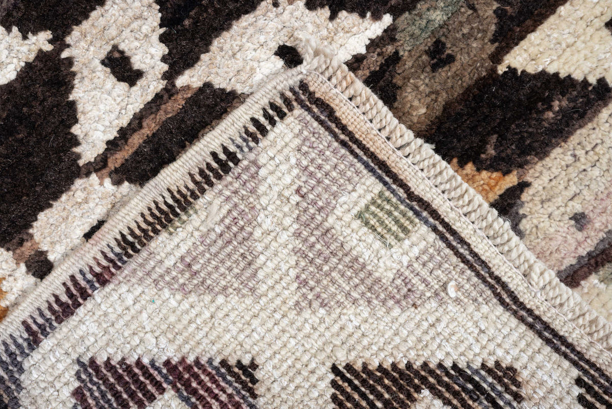 3' x 9' one-of-a-kind handmade vintage Kars runner rug. Color palette: dark brown, ivory, sage, rust, coral, taupe, charcoal