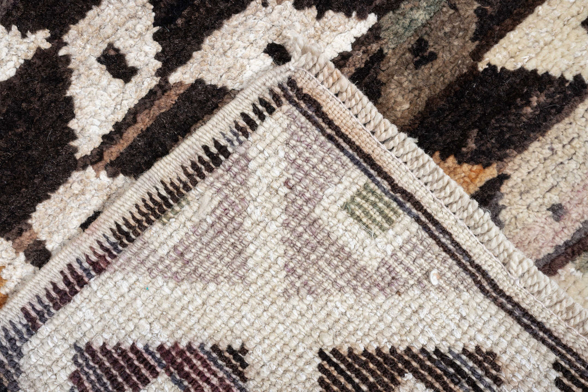 3' x 9' one-of-a-kind handmade vintage Kars runner rug. Color palette: dark brown, ivory, sage, rust, coral, taupe, charcoal