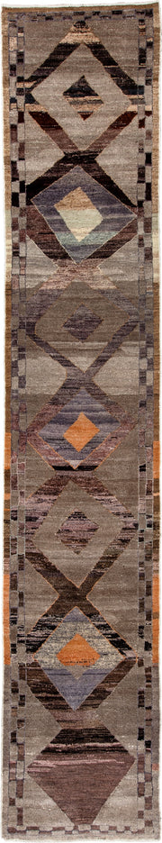 3' x 16' one-of-a-kind handmade vintage Kars runner rug. Color palette: taupe, brown, charcoal, slate, rust, mauve, camel