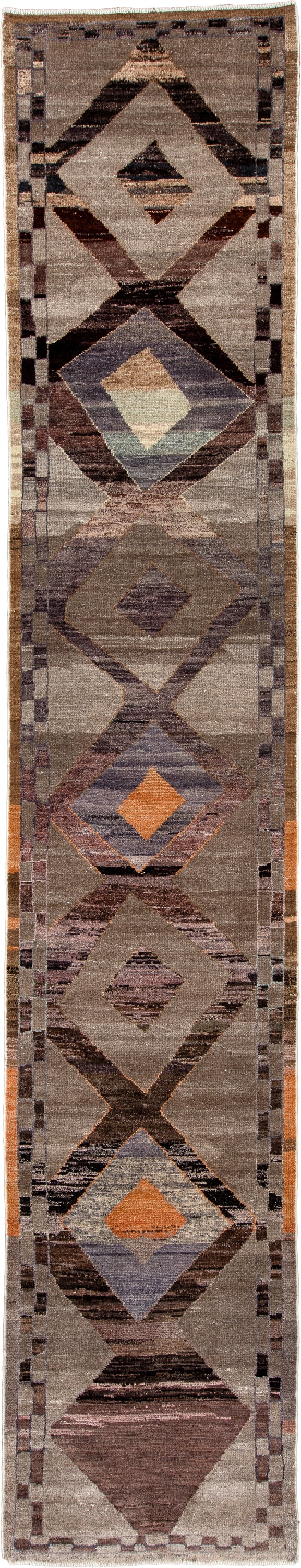3' x 16' one-of-a-kind handmade vintage Kars runner rug. Color palette: taupe, brown, charcoal, slate, rust, mauve, camel