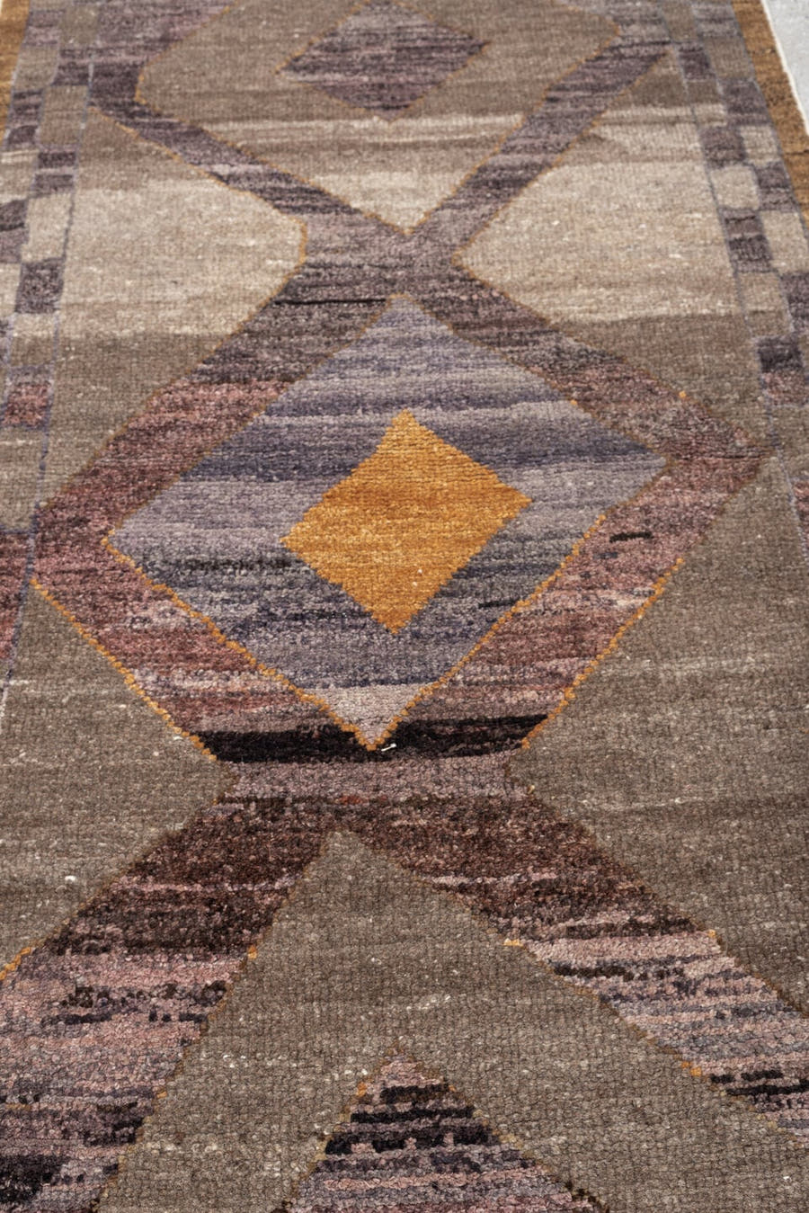 3' x 16' one-of-a-kind handmade vintage Kars runner rug. Color palette: taupe, brown, charcoal, slate, rust, mauve, camel