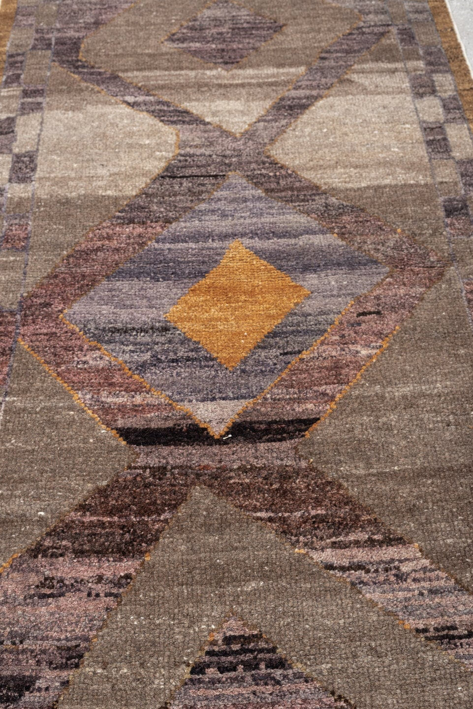 3' x 16' one-of-a-kind handmade vintage Kars runner rug. Color palette: taupe, brown, charcoal, slate, rust, mauve, camel