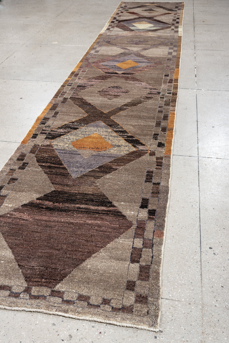 3' x 16' one-of-a-kind handmade vintage Kars runner rug. Color palette: taupe, brown, charcoal, slate, rust, mauve, camel