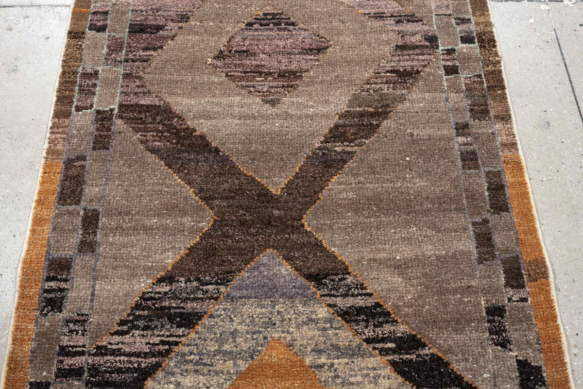 3' x 16' one-of-a-kind handmade vintage Kars runner rug. Color palette: taupe, brown, charcoal, slate, rust, mauve, camel