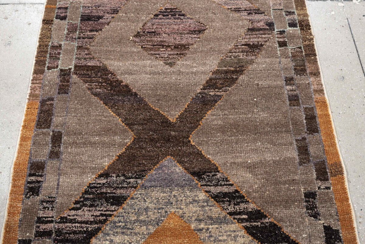 3' x 16' one-of-a-kind handmade vintage Kars runner rug. Color palette: taupe, brown, charcoal, slate, rust, mauve, camel