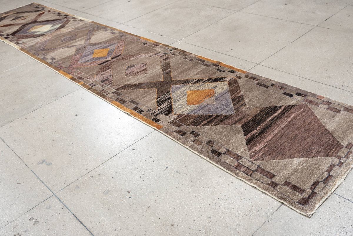 3' x 16' one-of-a-kind handmade vintage Kars runner rug. Color palette: taupe, brown, charcoal, slate, rust, mauve, camel