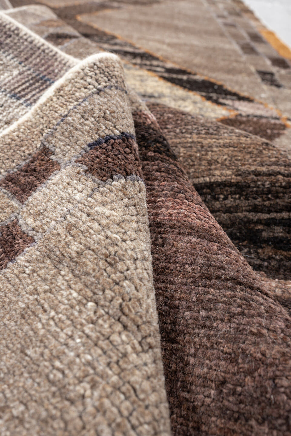 3' x 16' one-of-a-kind handmade vintage Kars runner rug. Color palette: taupe, brown, charcoal, slate, rust, mauve, camel