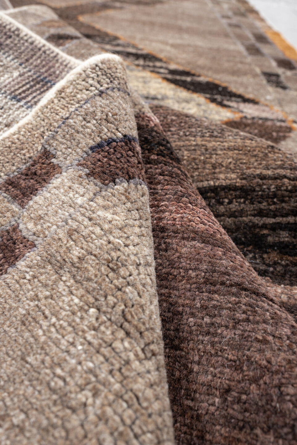 3' x 16' one-of-a-kind handmade vintage Kars runner rug. Color palette: taupe, brown, charcoal, slate, rust, mauve, camel