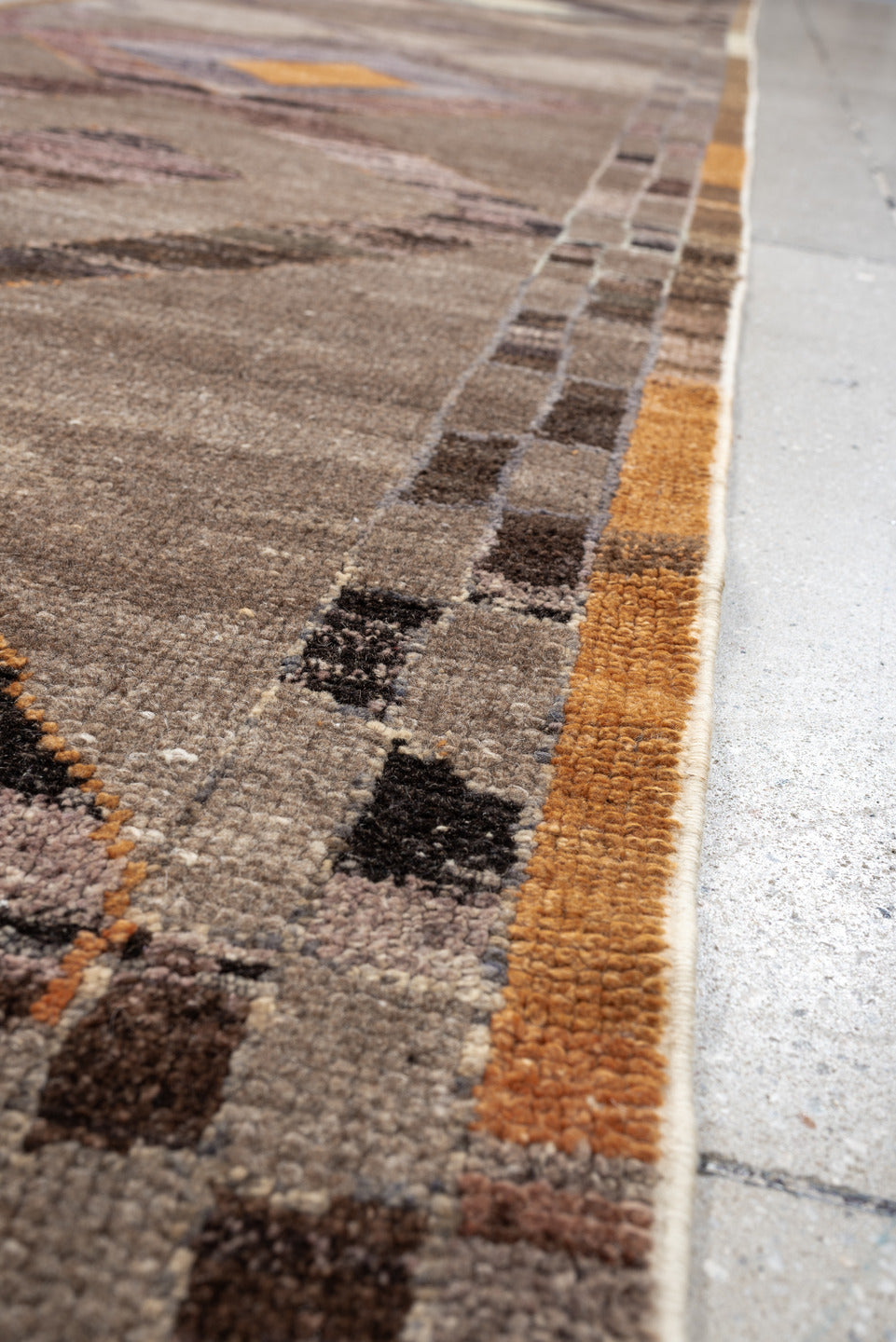 3' x 16' one-of-a-kind handmade vintage Kars runner rug. Color palette: taupe, brown, charcoal, slate, rust, mauve, camel