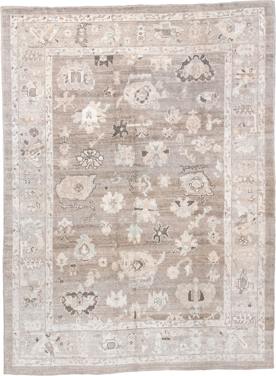 9' x 12' one-of-a-kind handmade vintage Oushak large size rug. Color palette: taupe, ivory, cream, beige, pale blue