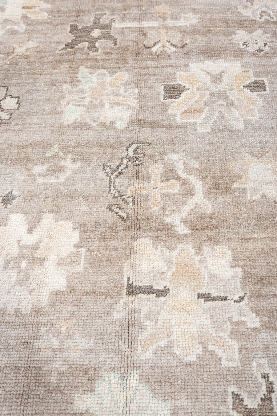9' x 12' one-of-a-kind handmade vintage Oushak large size rug. Color palette: taupe, ivory, cream, beige, pale blue
