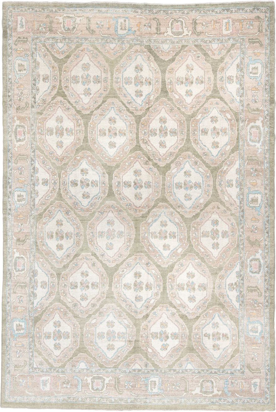 9' x 14' one-of-a-kind handmade vintage Oushak rug. Color palette: sage, ivory, blush, taupe, powder blue, cream, pewter