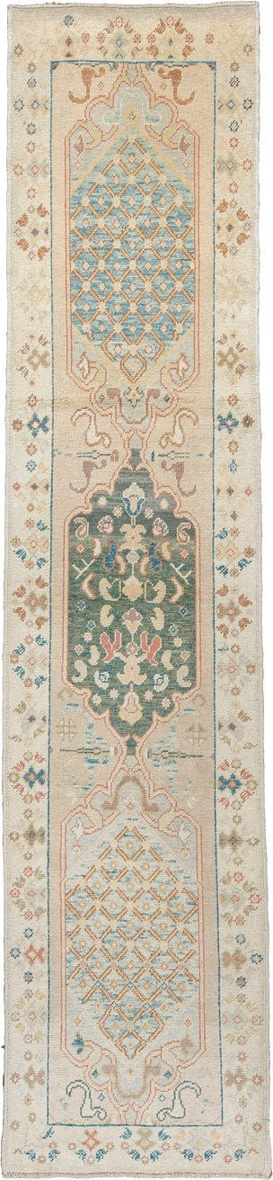 2' x 12' one-of-a-kind handmade vintage Oushak runner rug. Color palette: ivory, turquoise, sage, coral, tan, rust, taupe