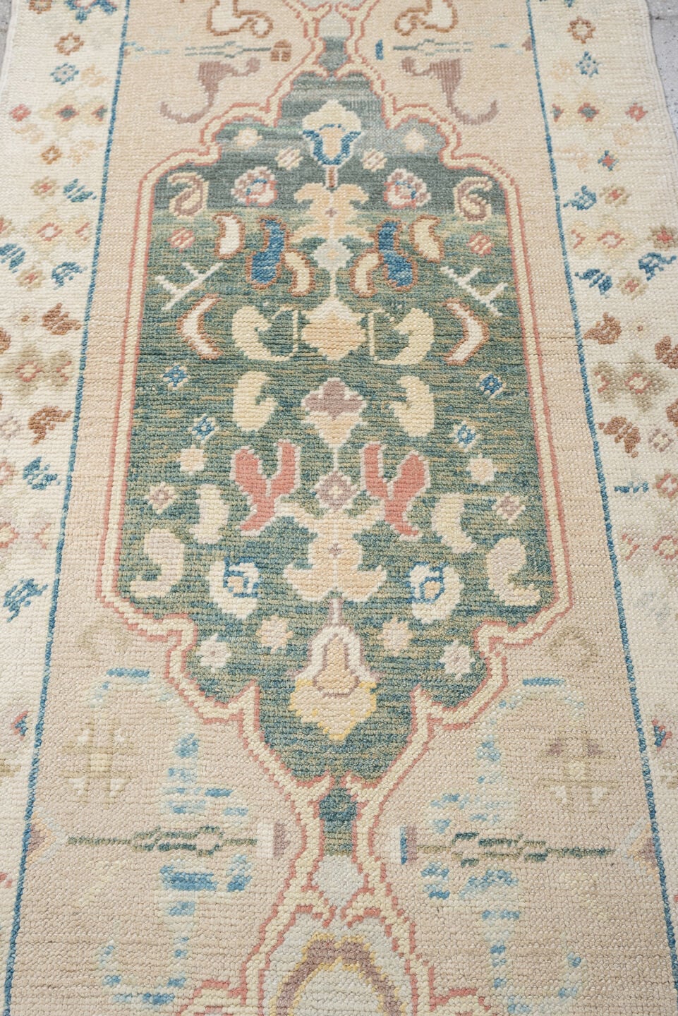 2' x 12' one-of-a-kind handmade vintage Oushak runner rug. Color palette: ivory, turquoise, sage, coral, tan, rust, taupe