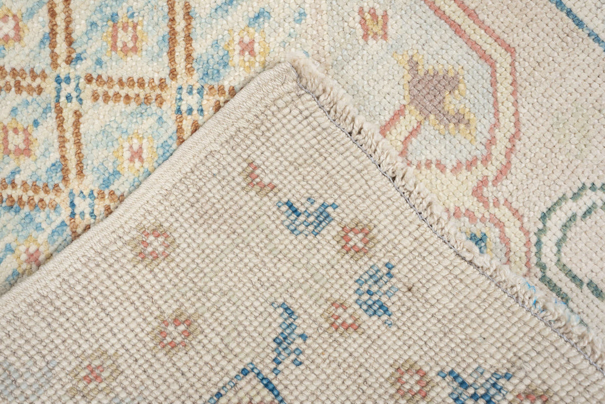 2' x 12' one-of-a-kind handmade vintage Oushak runner rug. Color palette: ivory, turquoise, sage, coral, tan, rust, taupe