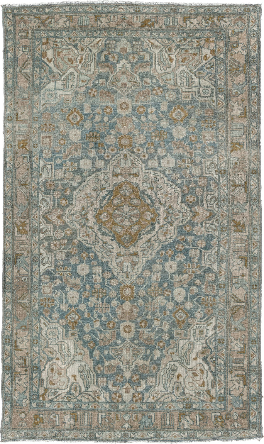 4' x 6' one-of-a-kind handmade antique Malayer rug. Color palette: blue gray, ivory, camel, taupe, sage, gold, charcoal