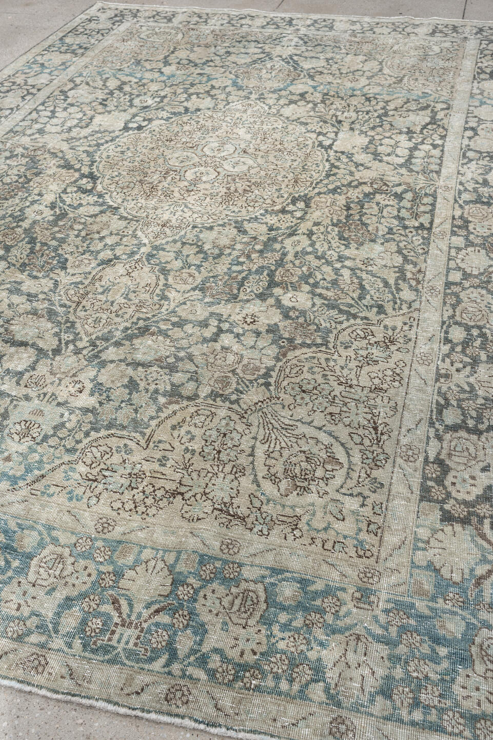 7' x 10' one-of-a-kind handmade antique Tabriz large size rug. Color palette: ivory, slate blue, taupe, blue gray, pale aqua