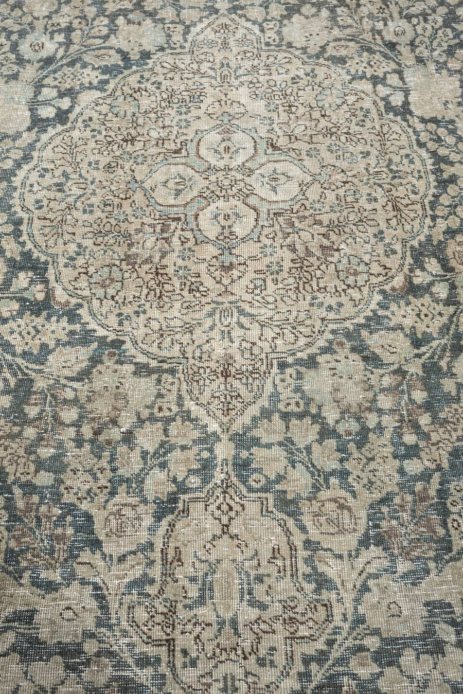 7' x 10' one-of-a-kind handmade antique Tabriz large size rug. Color palette: ivory, slate blue, taupe, blue gray, pale aqua