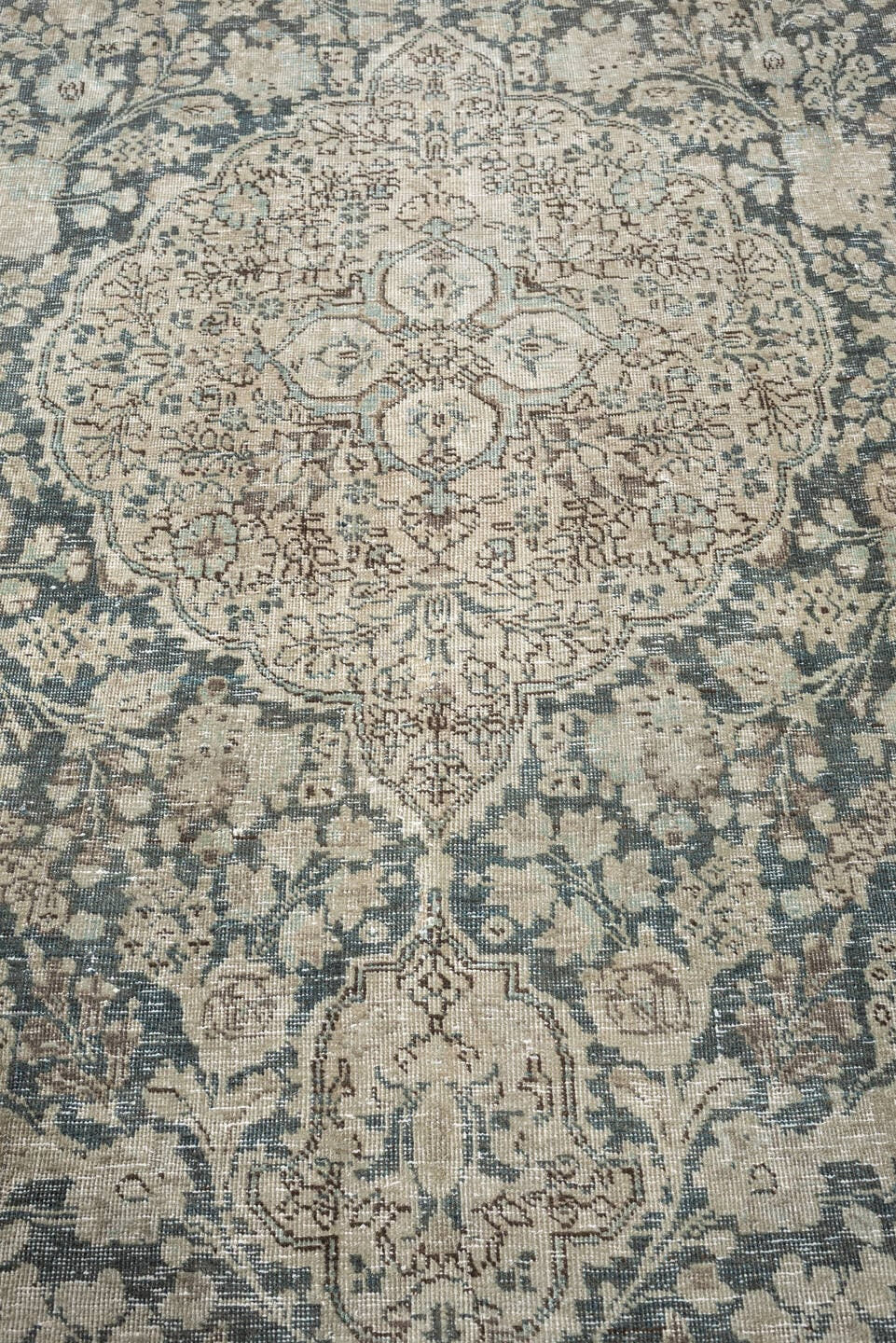 7' x 10' one-of-a-kind handmade antique Tabriz large size rug. Color palette: ivory, slate blue, taupe, blue gray, pale aqua