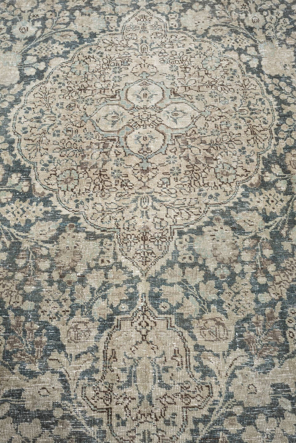 7' x 10' one-of-a-kind handmade antique Tabriz large size rug. Color palette: ivory, slate blue, taupe, blue gray, pale aqua