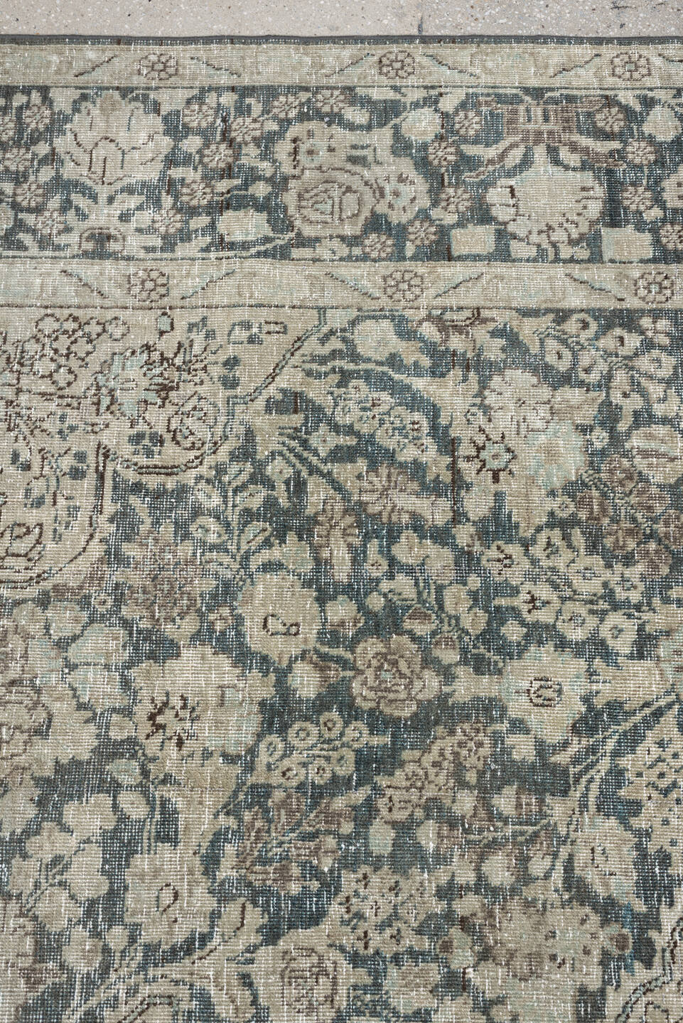 7' x 10' one-of-a-kind handmade antique Tabriz large size rug. Color palette: ivory, slate blue, taupe, blue gray, pale aqua