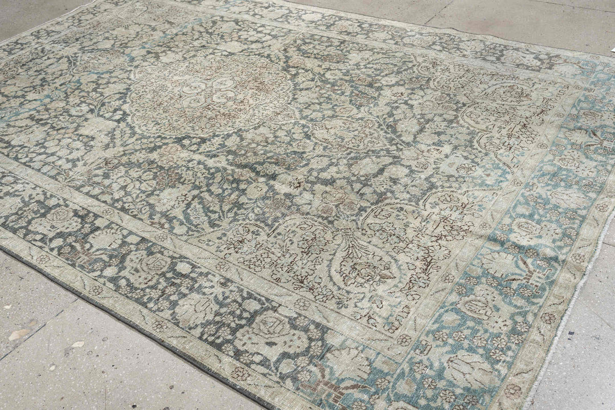 7' x 10' one-of-a-kind handmade antique Tabriz large size rug. Color palette: ivory, slate blue, taupe, blue gray, pale aqua