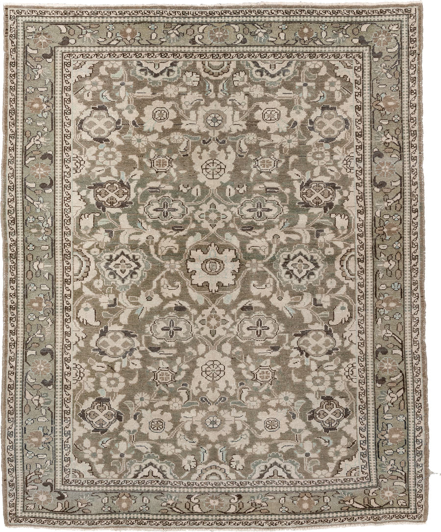 5' x 7' one-of-a-kind handmade antique Malayer rug. Color palette: sage, taupe, ivory, charcoal, camel, pewter, olive, brown