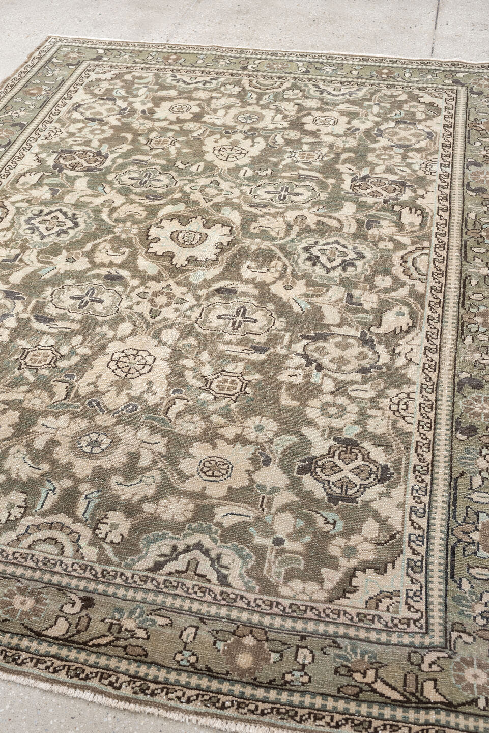 5' x 7' one-of-a-kind handmade antique Malayer rug. Color palette: sage, taupe, ivory, charcoal, camel, pewter, olive, brown