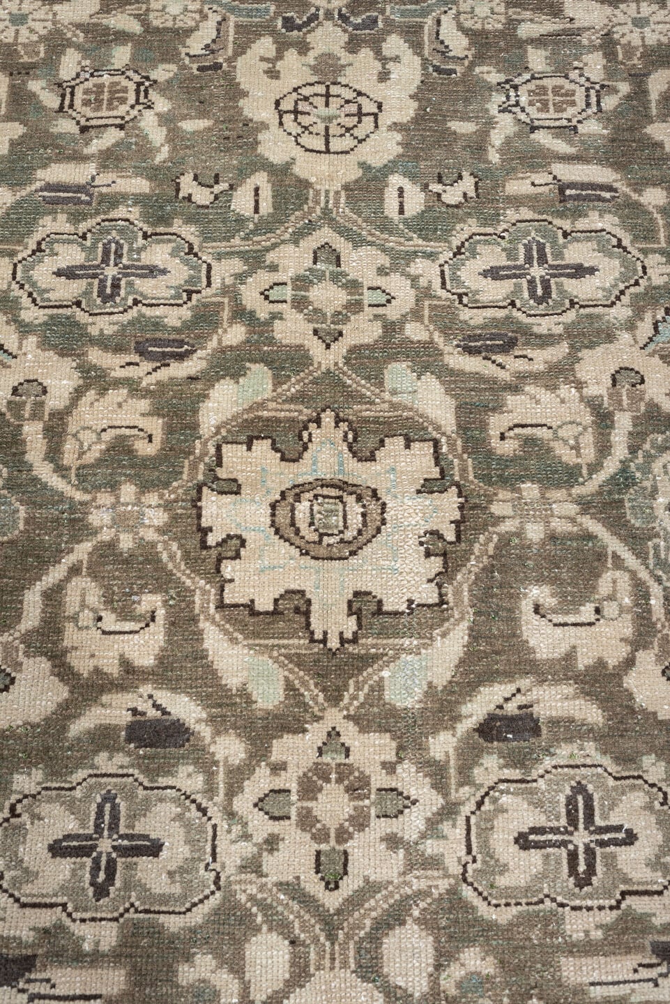 5' x 7' one-of-a-kind handmade antique Malayer rug. Color palette: sage, taupe, ivory, charcoal, camel, pewter, olive, brown