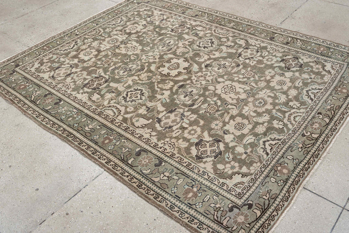 5' x 7' one-of-a-kind handmade antique Malayer rug. Color palette: sage, taupe, ivory, charcoal, camel, pewter, olive, brown