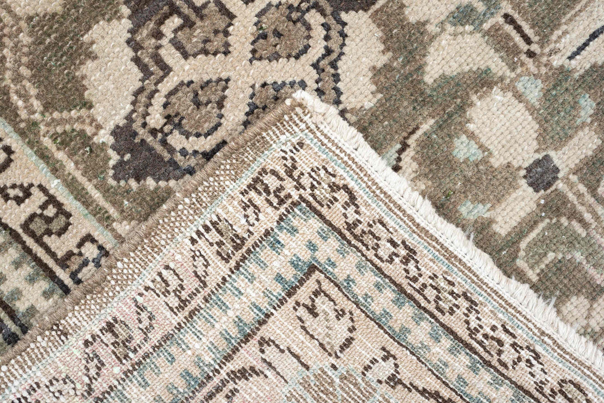 5' x 7' one-of-a-kind handmade antique Malayer rug. Color palette: sage, taupe, ivory, charcoal, camel, pewter, olive, brown
