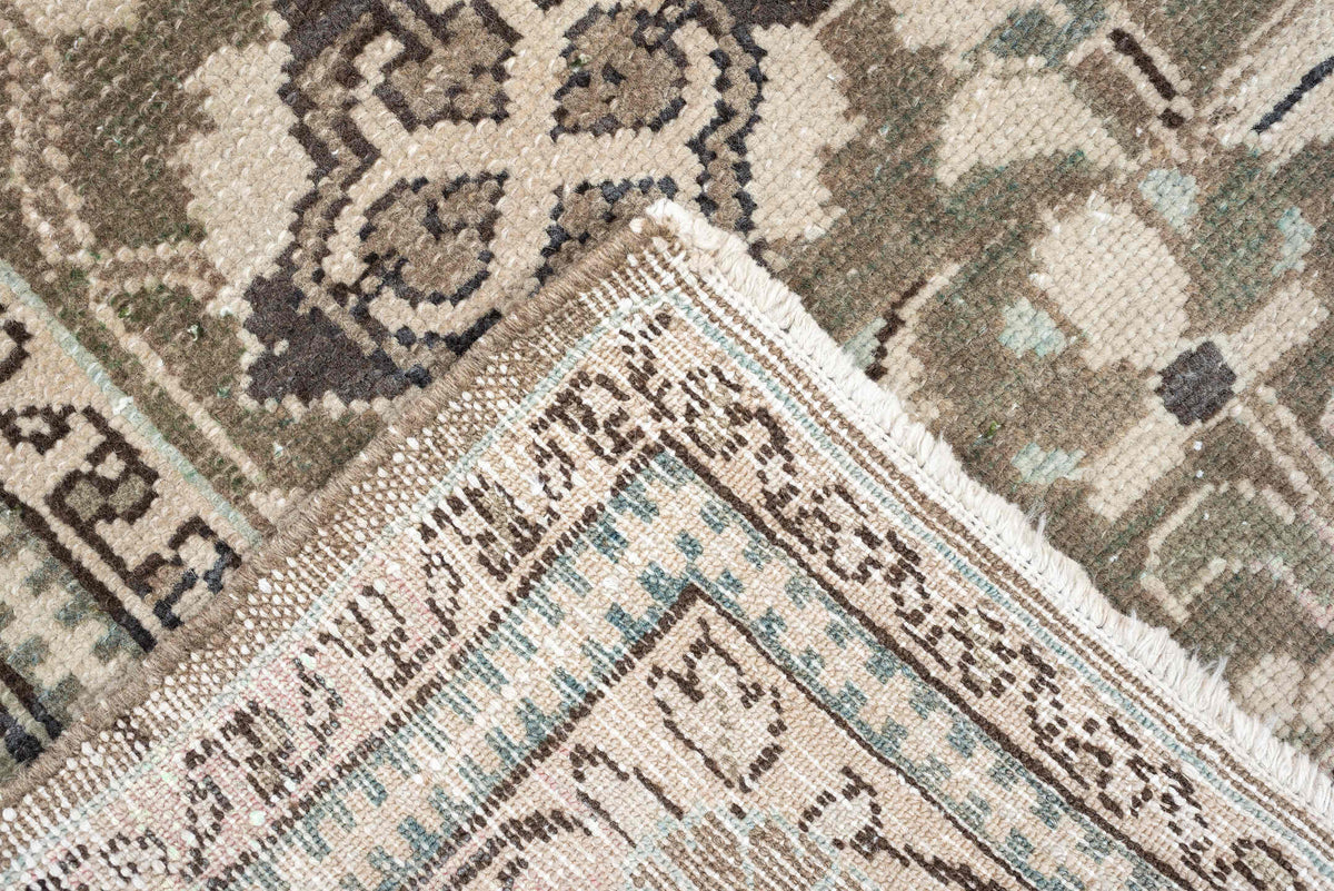 5' x 7' one-of-a-kind handmade antique Malayer rug. Color palette: sage, taupe, ivory, charcoal, camel, pewter, olive, brown