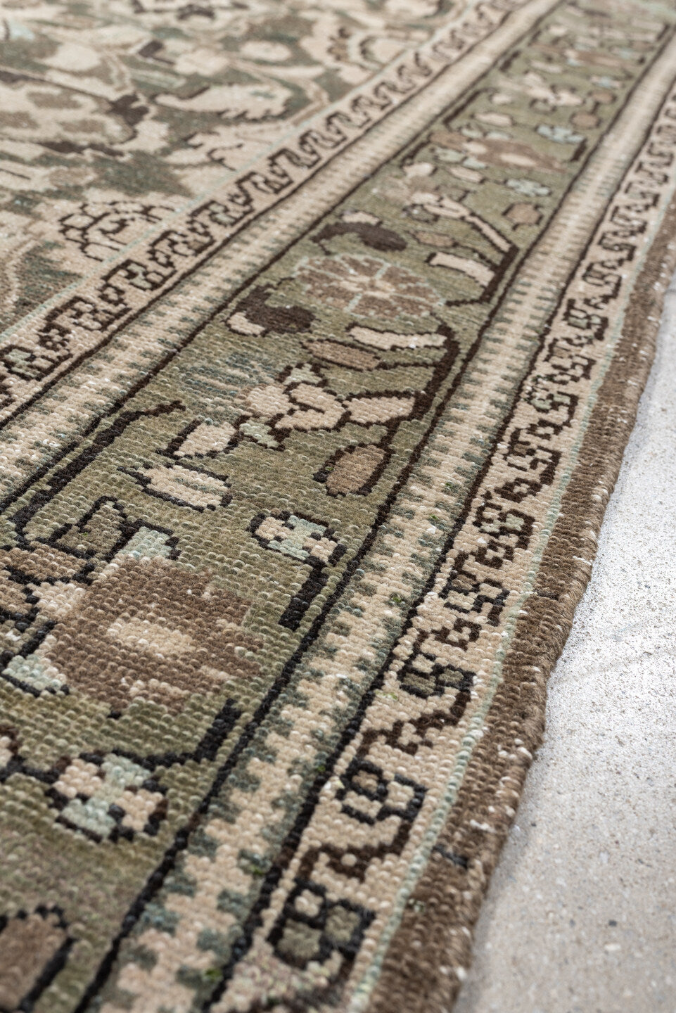 5' x 7' one-of-a-kind handmade antique Malayer rug. Color palette: sage, taupe, ivory, charcoal, camel, pewter, olive, brown