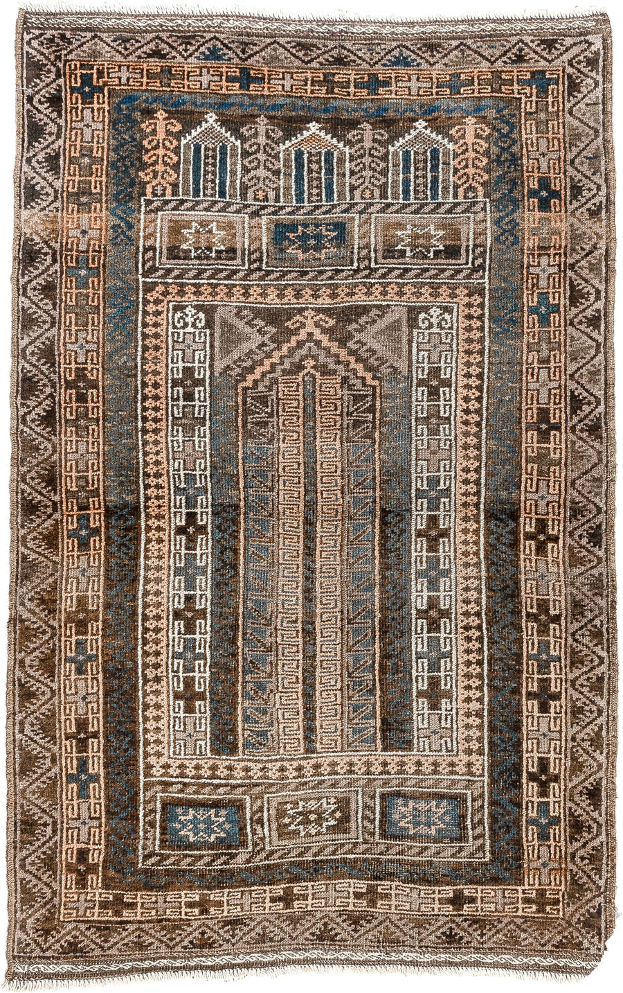 3' x 4' one-of-a-kind handmade antique Belouch small size rug. Color palette: brown, ivory, teal, peach, charcoal, taupe