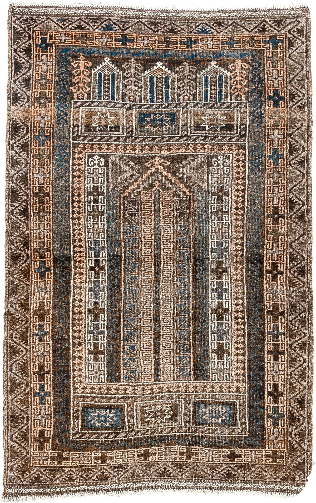 3' x 4' one-of-a-kind handmade antique Belouch small size rug. Color palette: brown, ivory, teal, peach, charcoal, taupe