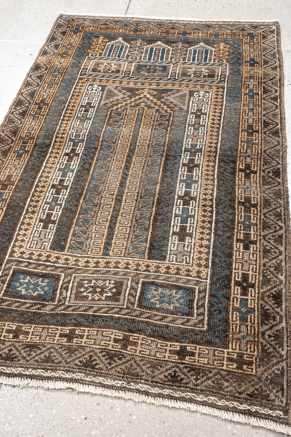 3' x 4' one-of-a-kind handmade antique Belouch small size rug. Color palette: brown, ivory, teal, peach, charcoal, taupe