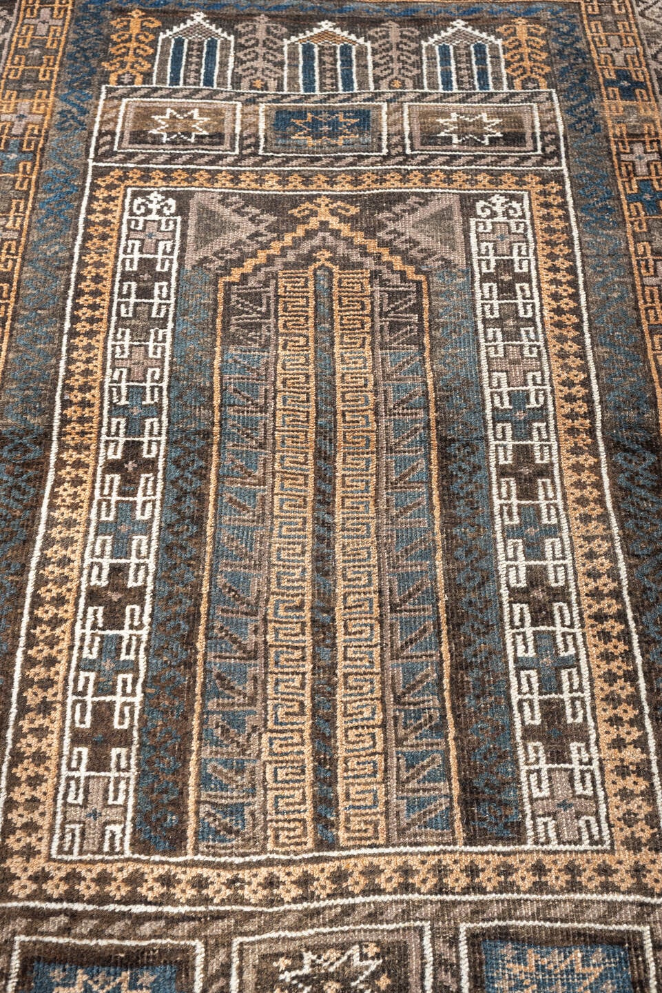 3' x 4' one-of-a-kind handmade antique Belouch small size rug. Color palette: brown, ivory, teal, peach, charcoal, taupe