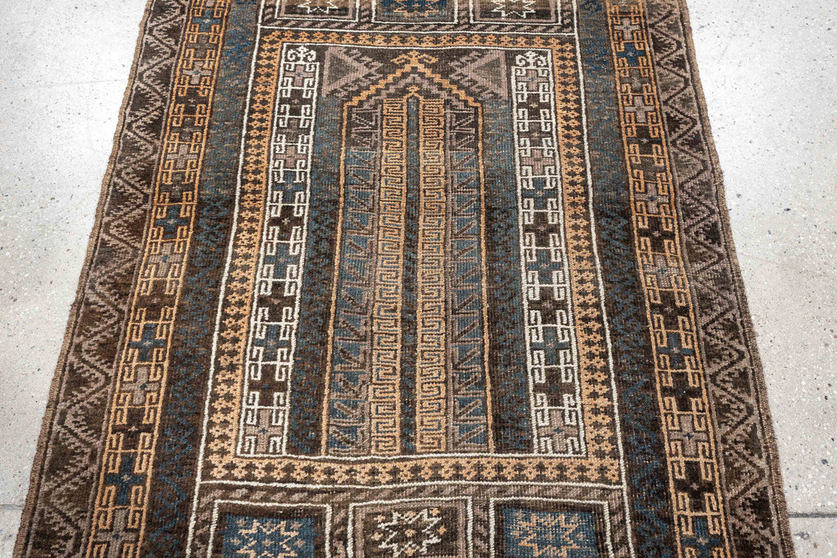 3' x 4' one-of-a-kind handmade antique Belouch small size rug. Color palette: brown, ivory, teal, peach, charcoal, taupe