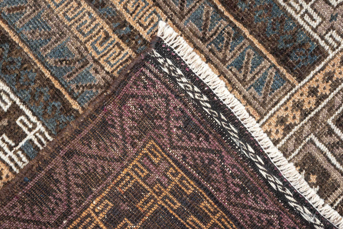 3' x 4' one-of-a-kind handmade antique Belouch small size rug. Color palette: brown, ivory, teal, peach, charcoal, taupe
